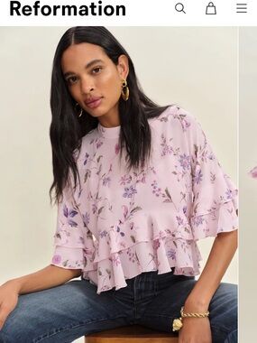 NWT Reformation Marlene Top Lilac Floral Ruffle Short-Sleeve
